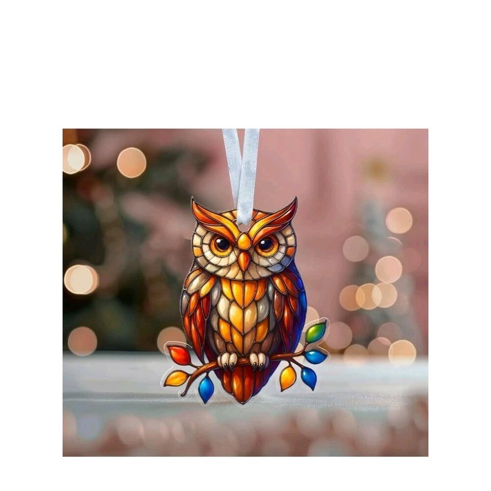 Owl Christmas Ornament Acrylic - Stained Glass Style Bird Decoration box 1 - Picture 3 of 5